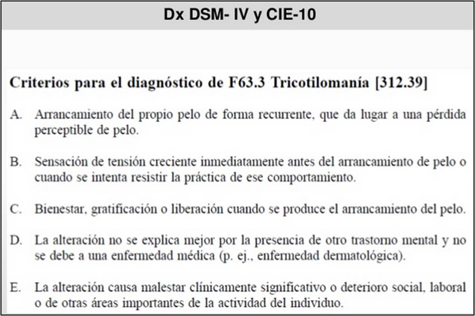 Criterios para el diagnóstico de Tricotilomanía según DSM-IV y CIE-10